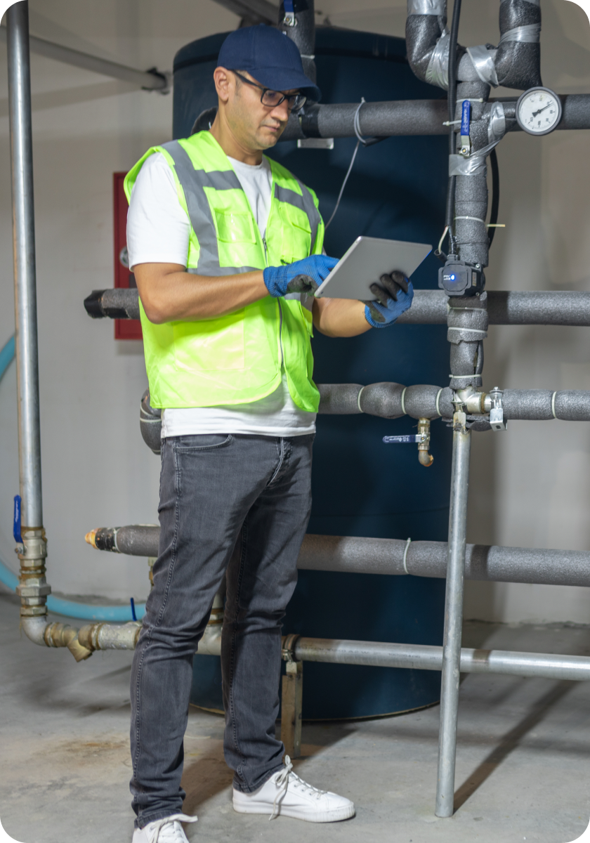 Worker inspecting industrial pipes with tablet